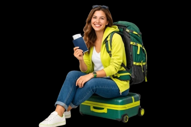 Viajera sonriendo sentada sobre una valija lista para salir de excursion